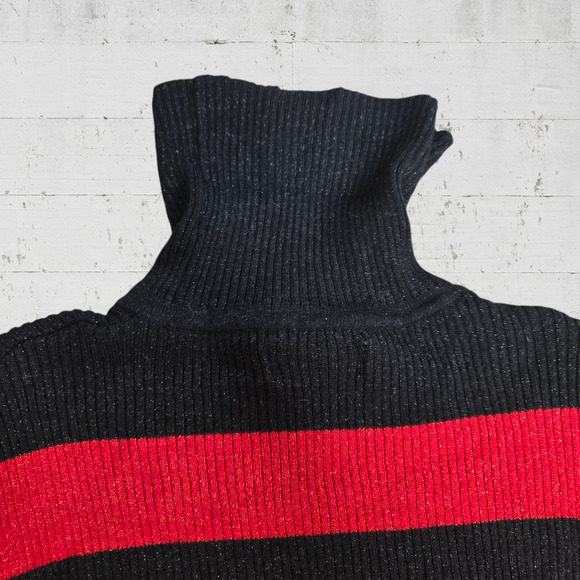 Y2K Red Black Stripe Glitter Metallic Ribbed Knit Turtleneck Sweater Size Medium - Picture 6 of 8